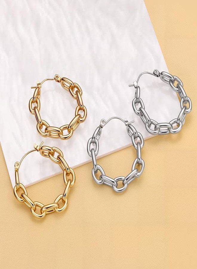 MarveBard 18k Gold Hoop Charm Earrings Dainty Stainless Steel Paperclip Link Chain Hoop Earrings Lightweight Hypoallergenic Huggie Hoops Earring Chunky Hoops Statement Earring Trendy Jewelry (Silver) - Image 4